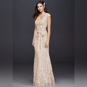 {Betsy & Adam} Cap Sleeve Soutache Lace Dress With Sash - Size 18